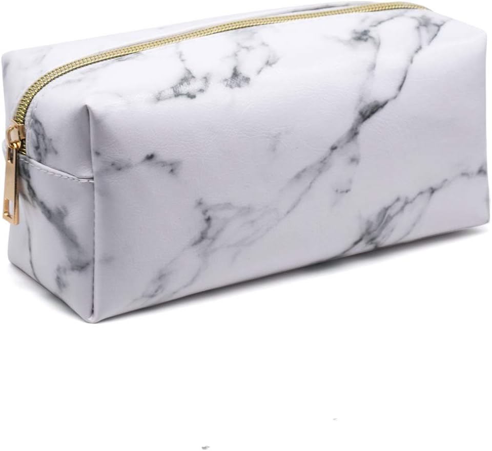 Kasla Marble Makeup Bag Portable Ladies PU Travel Square Cosmetic Pouch (White)