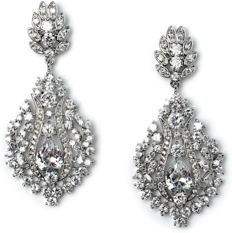 USABride Chandelier Statement Earrings Silver Plated Cubic Zirconia Dazzling Floral Designer 1527
