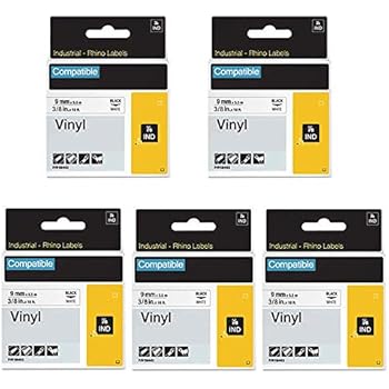 5pack 18443 Compatible Label Tape Replacement for DYMO Rhino 3/8 inch Industrial Permanent Vinyl Black on White Label Cartridges Compatible with DYMO Rhino 5200 4200 5000 Industrial Label Makers