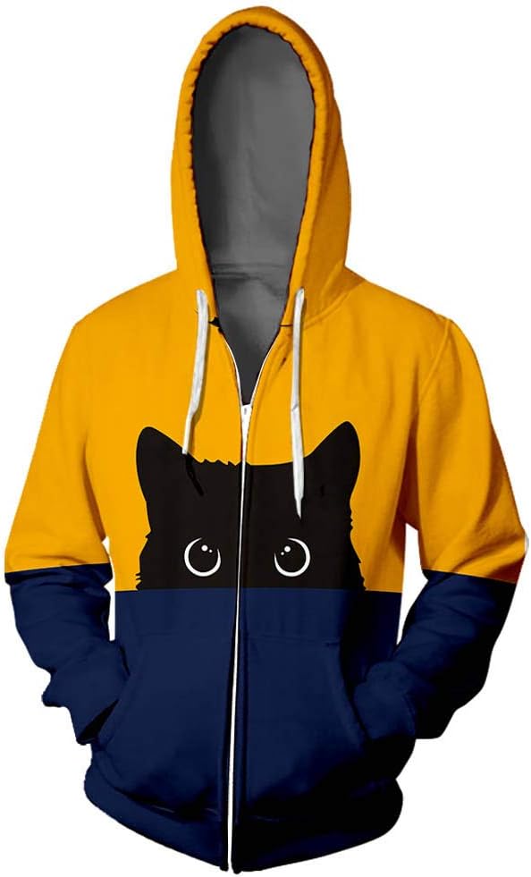 Opinionated Women's Hoodie Couple Hooded Lover Cat Print Hoodie Tops Hip Hop Zipper Color Stamped Long Sleeve Blouse Coat