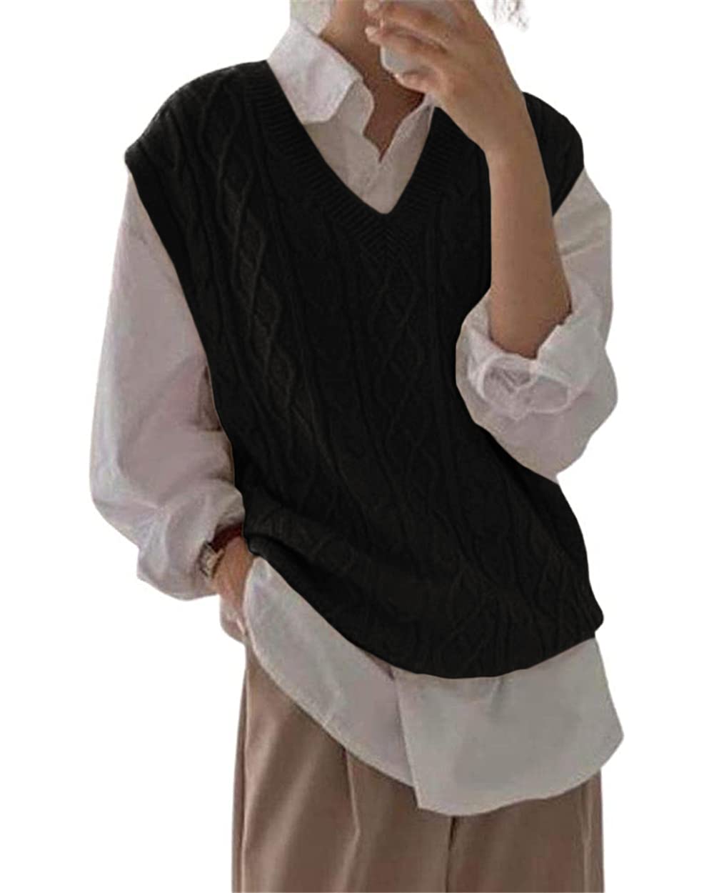 Women's V Neck Sweater Vest Oversized Sleeveless