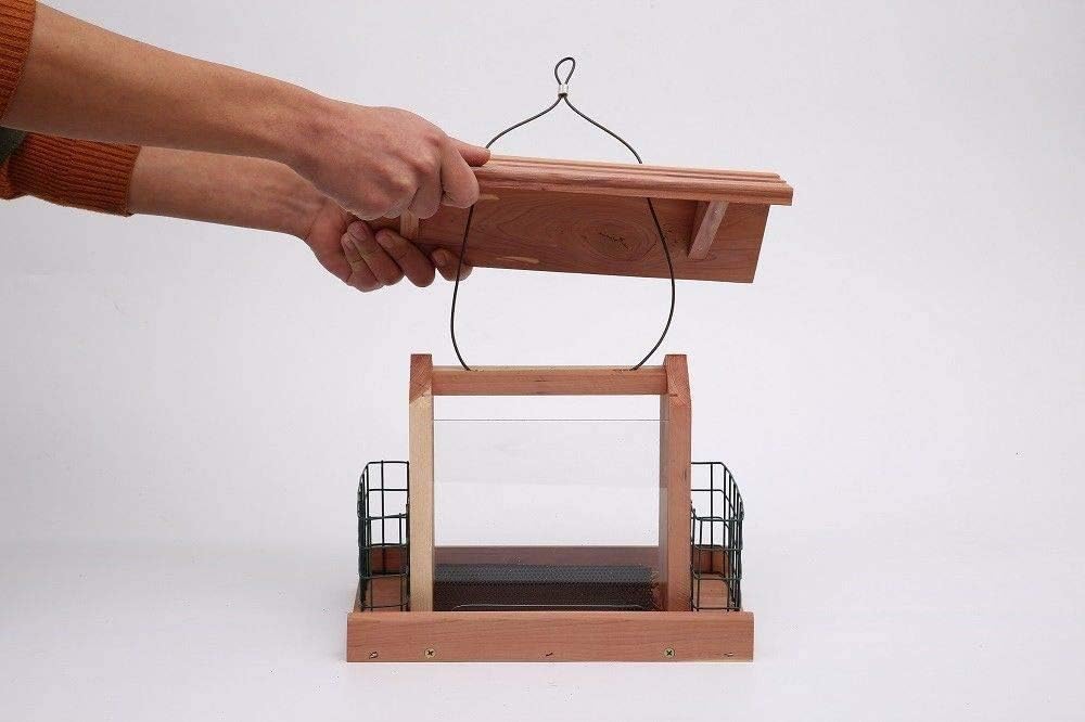 Solution4Patio Homes Garden USA Cedar Bird Feeder Wildbird Essentials Handmade Wooden Outdoor Ranch Patio Yard Tree Hanging with Double Plastic Window and Double Suet Holder Cages Combination #G-8534 : Garden & Outdoor