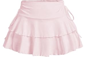 PRSFPN Women's Y2k Mini Ruffle Skirts with Shorts Tiered Layers Cute Elastic Waist Coquette Skort Drawstring Side Bow Tie