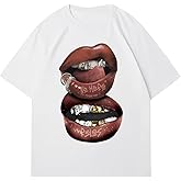 RoseSeek Women's Lip Graphic Oversized Tee Crew Neck Short Sleeve Drop Shoulder Hip Hop Shirts Streetwear