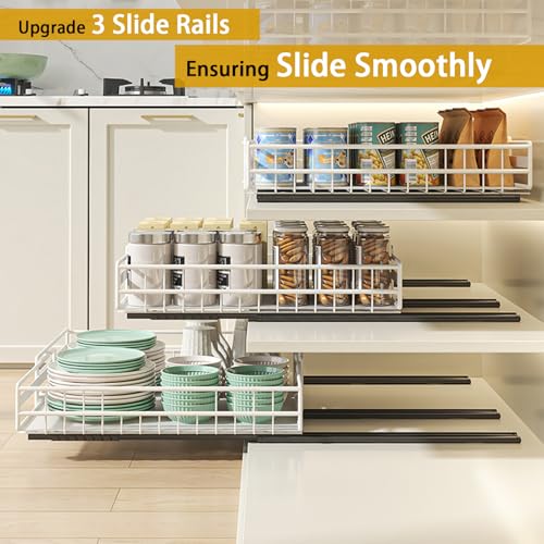 TOJUNE 2 Removable Kitchen Drawers with Sliding Rails (Set M+L) | Adjustable Width Expandable, Self-Adhesive/Drills with Nano Film for Kitchen, Pantry, Living Room (White)