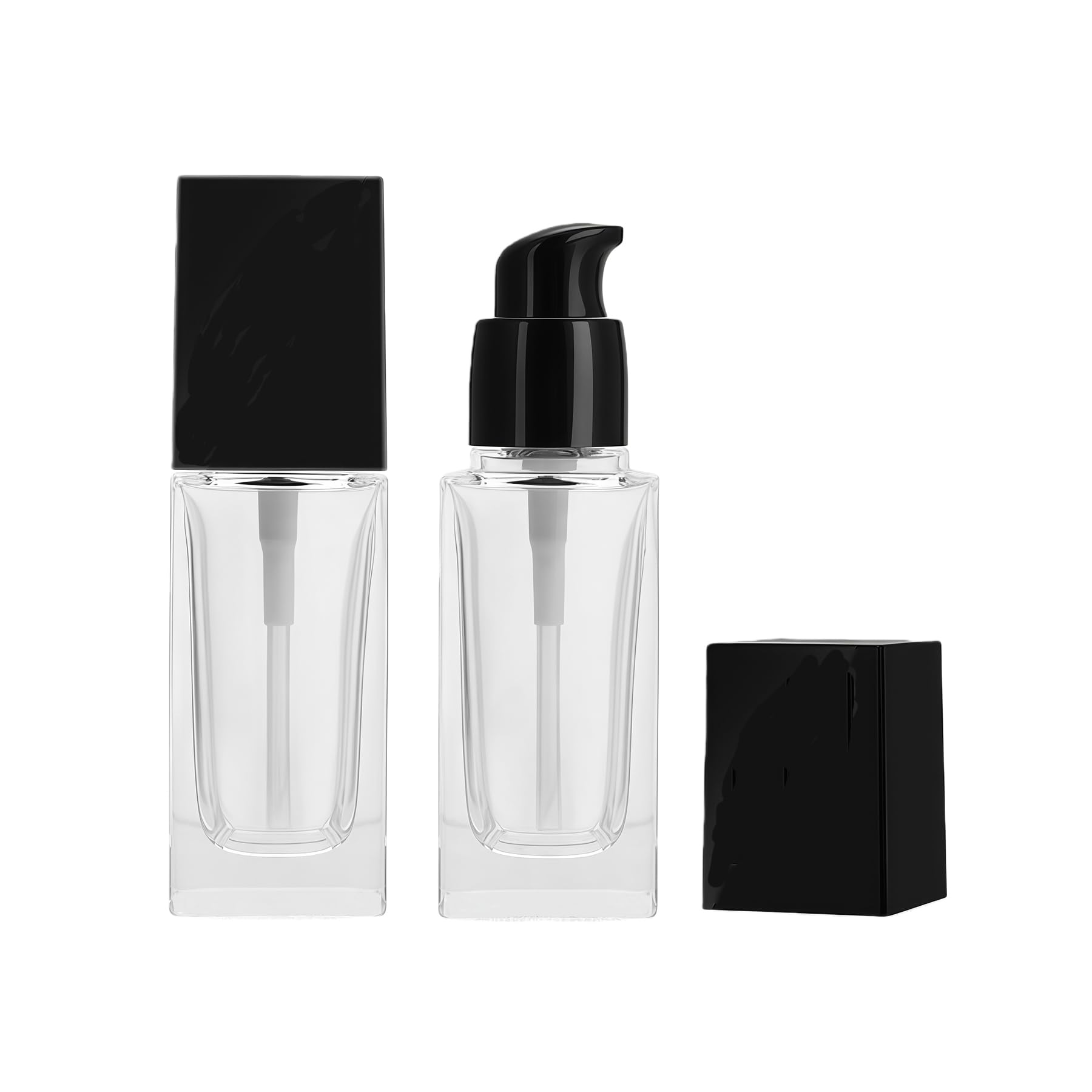 2PCS 30ml 1oz Square Clear Glass Pump Bottles with Black Lids Refillable Cosmetic Containers for Lotion Serum Foundation Travel