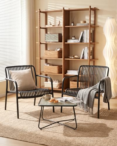 HariNorgen 3 Piece Patio Bistro Set Indoor Conversation Set Outdoor Garden Balcony 2 Large Black Plastic Armchairs & Square Glass Top Coffee Side Table,Black
