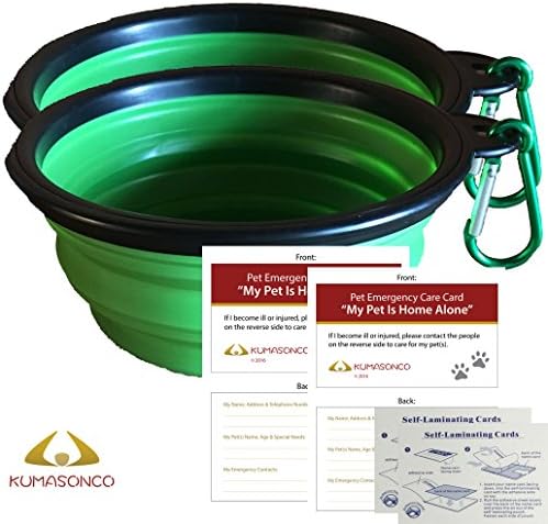 Travel Collapsible Dog and Cat Bowl and Emergency Wallet Card with Laminating Pouch - Pack of 2 (Green and Green)