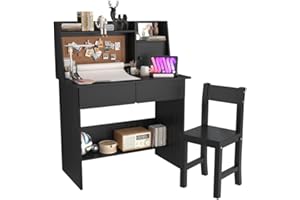 NKUGCFC Black Kids Desk and Chair Set for 5-12 Year Old, Childrens Drawing Desk with Wooden Tabletop Paper Roll Dispenser, Ki