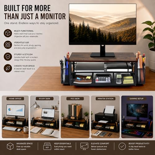 Computer Monitor Stand Riser with Storage, 2-Tier Wooden Desk Organiser and Accessories with Drawer & 2 Pen Holders, Ergonomic Desktop Stand for Printer, iMac & Office Desk Accessories, Brown