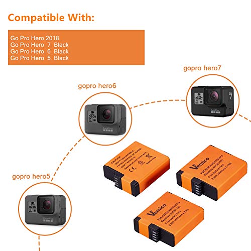 Vemico Battery Gopro Hero 7/6/5 1500mah Replacement Batteries (3 Pack