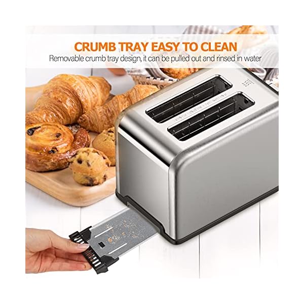 Toaster 2 Slice Wide Slots 815 W, Polished Stainless Steel Housing, 6 Browning Settings, High Lift Feature, Defrost Cancel and Reheat Functions, Slide Out Crumb Tray