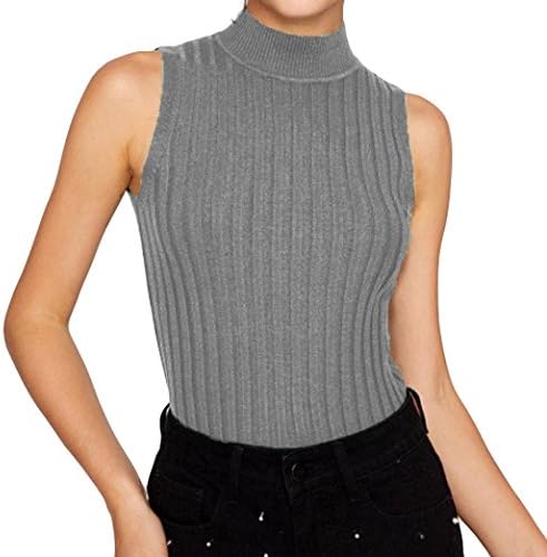 WOCACHI Women Blouse Sleeveless Elegant High Neck Tank Tops Ribbed Knit Casual Vest