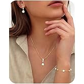 GEMQUEEN 14K Gold Plated Pearl Jewelry Set for Women - 925 Sterling Silver Post Dangle Earrings Dainty Pearl Necklace Bracelet Wedding Jewelry Sets for Bride Bridesmaid CZ Costume Accessories Trendy