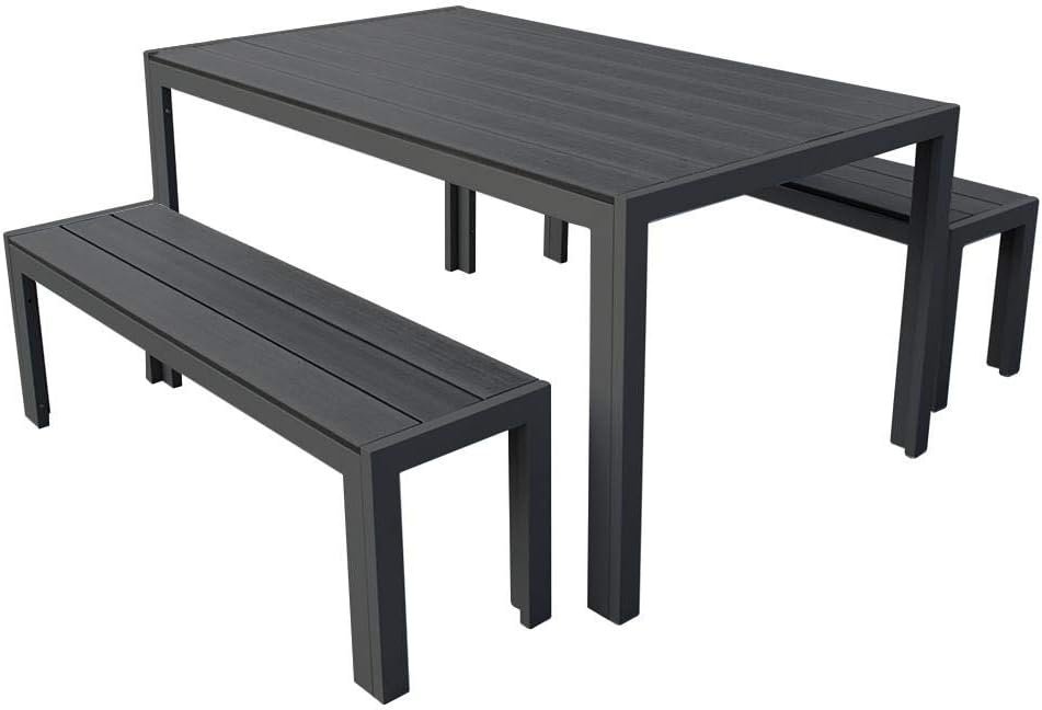 Trueshopping Malmo 3 Piece Polywood Outdoor Garden Furniture Dining Table & Bench Set with Aluminium Frame in Graphite