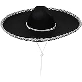 GiftExpress Adult Black Sombrero Hat, 18-Inch Wide – Mariachi-Style Costume Sombrero with Silver Braid Trim, Polyester, One Size Fits Most