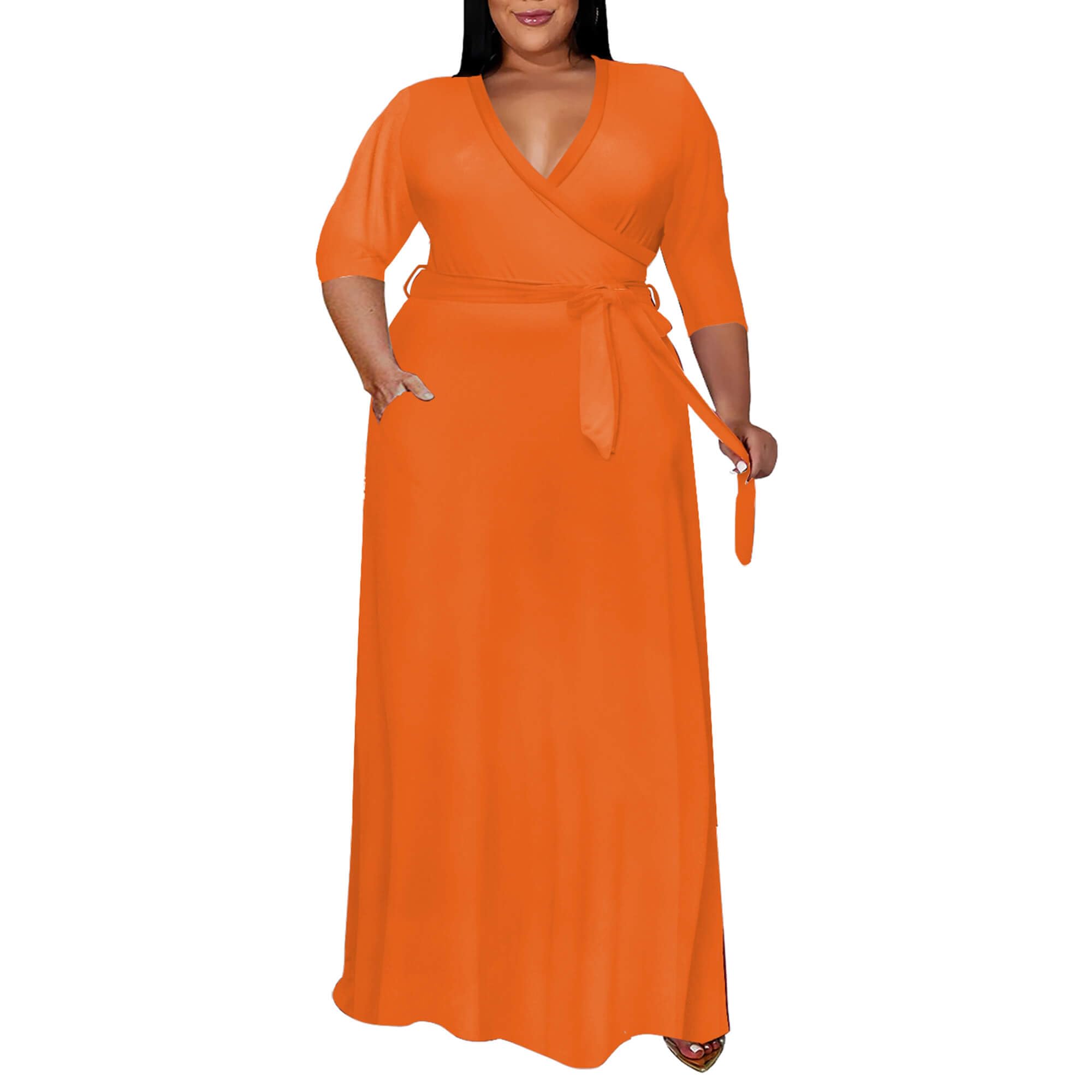 Runwind Plus Size Maxi Dress Sexy 3/4 Sleeve V Neck