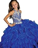 Y&C Girls Halter Crystal Floor Length Ruffled Ball Gown Beads Pageant dresses
