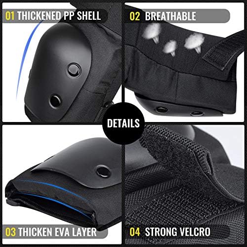 Black adjustable elbow and knee pads for skating and biking.