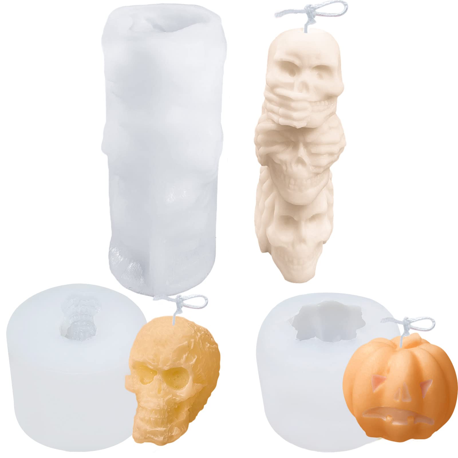 3D Skull Silicone Candle Mould, 3PCS Halloween Candle Mould, Pillar Candle Mould, Pumpkin Resin Casting Mould for Wax Melts Homemade Soap, Chocolate, Halloween Party Decoration