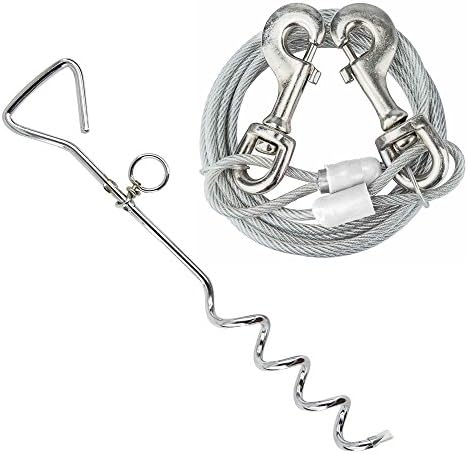 Dog Tie Out Cable 16ft with Stake, Pet Spiral Stake and Leash with Anti-Winding Metal Ring, 2 Clasps for Yard, Camping and Outdoors, Small to Medium Pets Up to 60lb