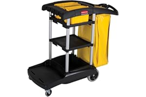 Rubbermaid Commercial Products Industrial High Capacity Storage Janitorial Cart with Wheels/Casters, Two Caddies and Zippered Yellow Bag for School/Retail/Hospitality/Restaurant, Black