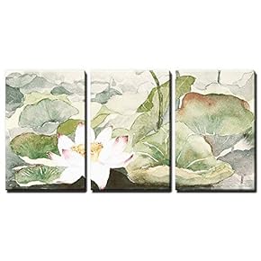 3 Panel Watercolor Style Lotus Flowers and Leaves...
