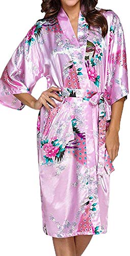 Silky Satin Kimono Robe for Women, Peacock Blossom, Long - Baby Pink - Large