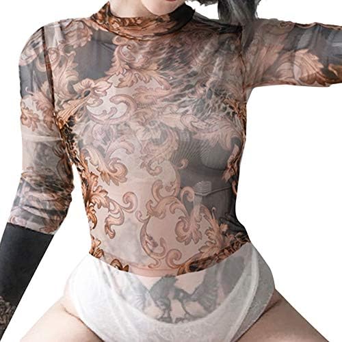 Women's Sheer See Through Crop Top Long Sleeve Angel Print High Neck Sexy Mesh Shirt Blouse