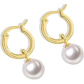 Aprila 14K Gold/White Gold Plated Minimalist Pearl Hoop Earrings,Huggies Dangle Earrings Jewelry