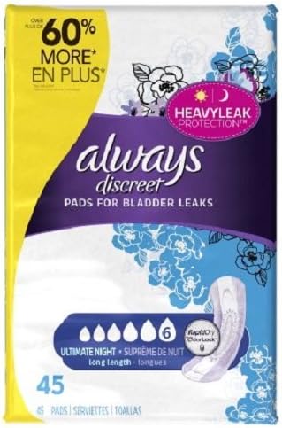Always Discreet, Incontinence Pads, Ultimate Overnight, Long Length, 45 Count (3 pack (45 Count))