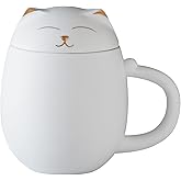 HEER Cat Tea Cup with Infuser and Lid, Cute Tea Mug with Strainer for Steeping Loose Leaf, Ceramic Teacup Birthday Christmas Cat Lover Gifts for Women, Men, Mom, Sisters, besties. (White)