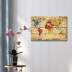 BRAND_NAMEAbstract Colorful World Map on Vintage Wood Background