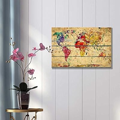 Canvas Prints Wall Art - Abstract Colorful World Map on Vintage Wood Background - 32