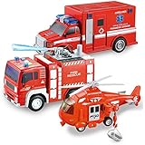 JOYIN 3 in 1 Friction Powered City Fire Rescue Vehicle Truck Car Set Including Helicopter, Ambulance, and Fire Engine, with Light and Sound