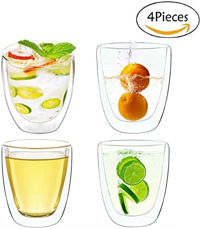 Double Walled Glass Drinking Mug (Set of 4) - Durable Transparent Insulating Borosilicate Glass Construction- Capacity: 9 Ounce- Perfect For Drinking a Coffee/Tea/Juice