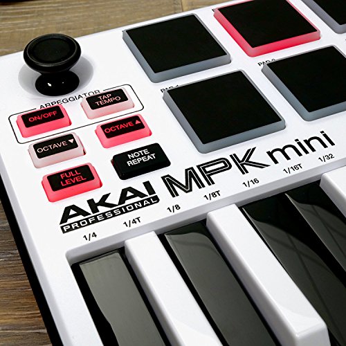 Akai Professional MPK Mini MKII White | 25-Key Ultra-Portable USB MIDI Drum Pad & Keyboard Controller with Joystick, VIP Software Download Included - Limited Edition