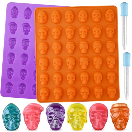 HUAKENER Gummy Skull Candy Molds, 2 Pack Chocolate Molds with 2 Dropper, Silicone Molds for Chocolate, Candy, Jelly, Dog Treats, Ice Cube, Resin Casting