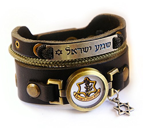 Triple Layer Thick Black Shema Yisrael Bracelet with IDF (Israel Defense Forces) Symbol Logo and Star of David Charm (Men's wrist: 7.5 - 8.5 Inches)