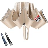 TOPSAIL 10 Ribs Inverted Umbrella with Carabiner Handle, Large Sturdy Folding Umbrellas Windproof for Rain & Sun, 49" Big Reverse Foldadble Umbrella for Travel Portable with Safe Reflective Strip, for Women Men