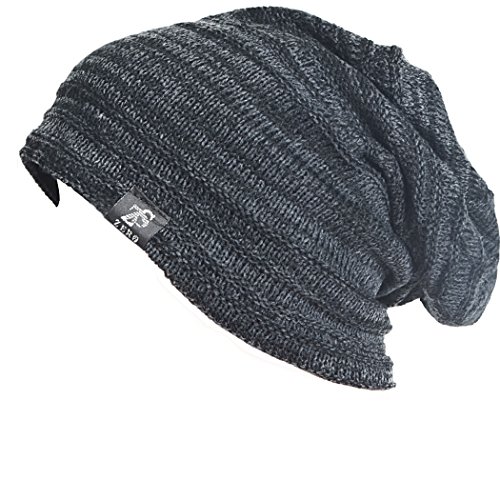 Vintage men baggy beanie slouchy knit skull cap hat (dark grey wi…