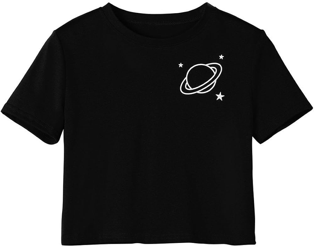 TOPUNDER Summer Women Casual Shirt Planet Printed Tank Short Sleeve Blouse Crop Tops