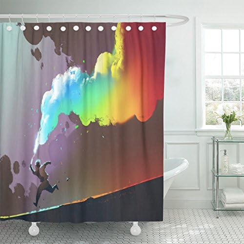 MAYTEC Shower Curtain Watercolor Rainbow Boy Running and Holding Up Colorful Smoke Flare on Dark Painting Blue Color Oil Waterproof Polyester Fabric 72 x 72 inches Set with Hooks