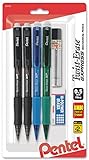 Pentel Twist-Erase EXPRESS Mechanical Pencil, 0.5mm, Assorted Barrel Colors, Pack of 4 with Lead and Small Block Eraser (QE415LZBP4)