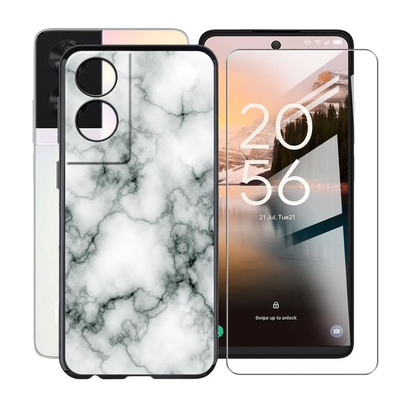 HGJTFANY Case with Tempered Glass Film for TCL 40 NxtPaper (6.78 inches), Black Shockproof Soft TPU Bumper Cover Mobile Phone Case + Screen Protector for TCL 40 NxtPaper - Marble