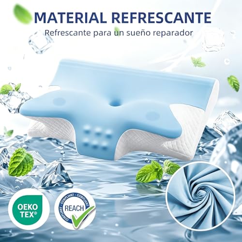 Honfay Almohada ergonómica para el Cuello, Almohada 2 en 1 de Espuma viscoelástica, Almohada Cervical para quienes Duermen de Lado, Boca Arriba o Boca Abajo, 60 x 40 x 12/14 cm (Azul Marino)