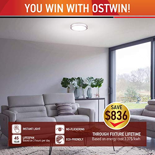 OSTWIN 18" Large Size LED Ceiling Light Fixture Flush Mount, Dimmable, Round 28 Watt (180W Repl.) 5000K Daylight, 1960 Lm, Nickel Finish with Acrylic Shade ETL and Energy Star Listed