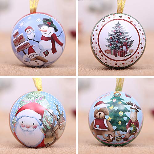 LUCKSTAR 9Pcs Tinplate Round Ball Boxes, Reindeer Santa Tree Hanging Decorations for Show Window,Family Gathering,Office