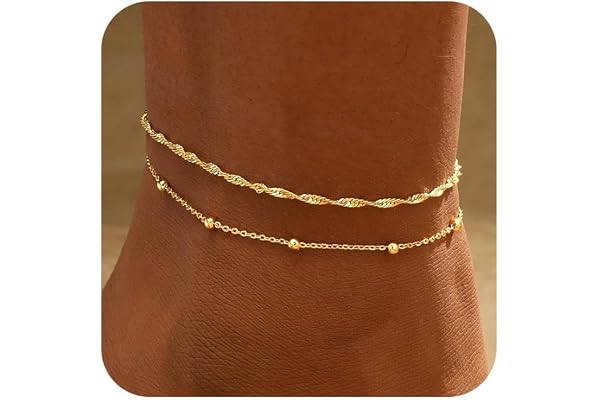 Tasiso Gold/Silver Ankle Bracelets for Women,14K Gold Anklets for Women Waterproof Cuban Link Heart Beads Herringbone Rhinest