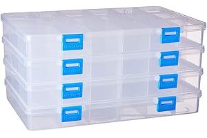 BENECREAT 4 Pack 18 Grids Large Transparent Plastic Storage Box Bead Organizer with Adjustable Dividers for Jewelry, Beads, Tools, Craft Accessories and Other Small Items - 9.4x5.7x1.18 Inch